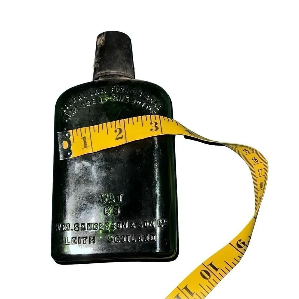 Antique Leith Scotland Black Glass Sanderson & Son Liquor Bottle Size 7” x 3.5”